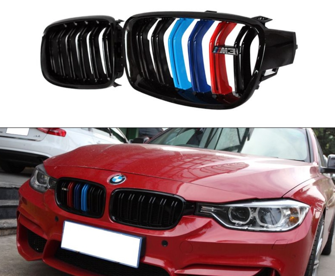 Ledvinky pro BMW F30 F31 černé lesklé sportovní dvojité žebrování s trikolorou
